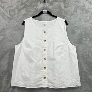 J. Crew Linen Blend Button Front Sleeveless Shell Tank Top White XL Beach